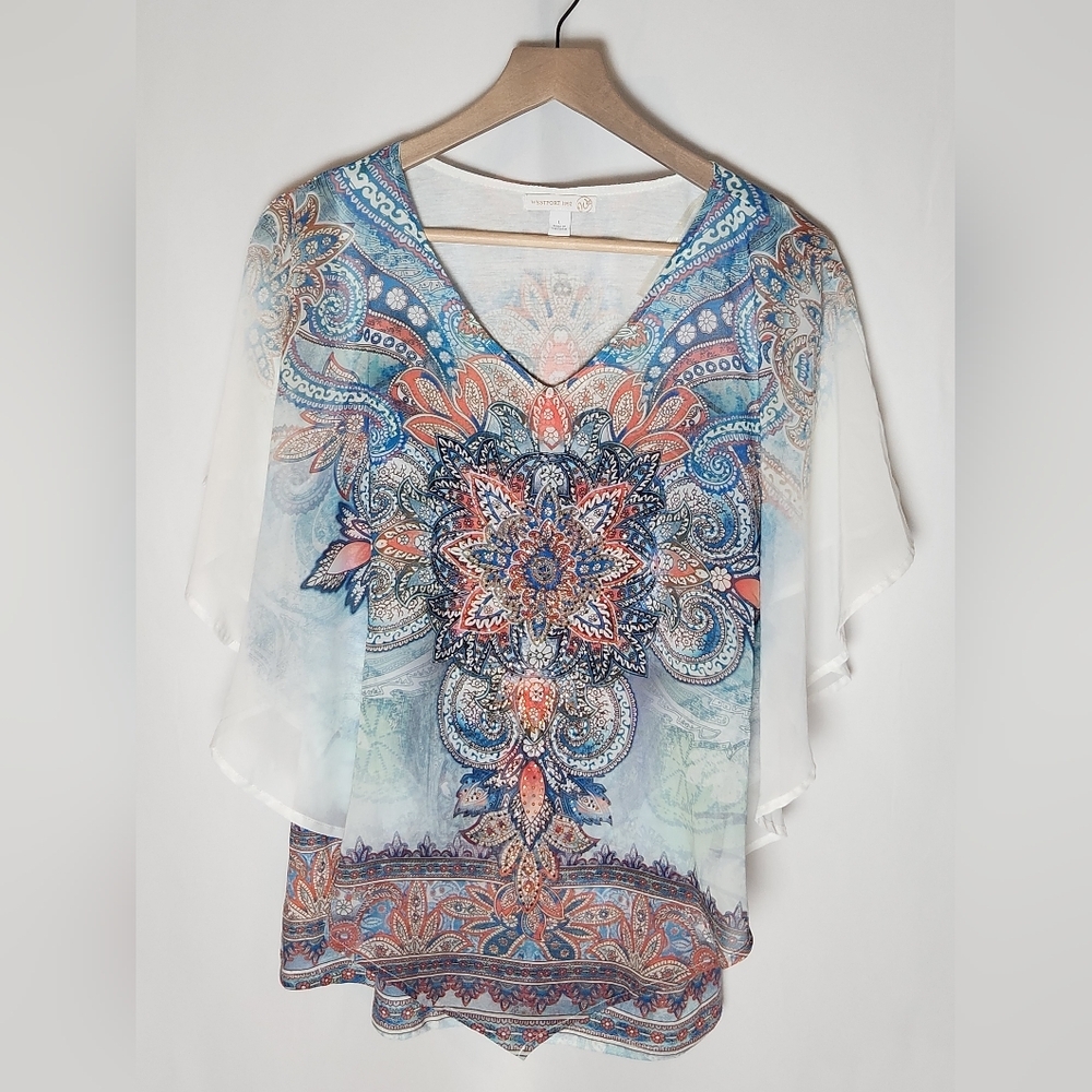 Westport 1962 Paisley Print Women's Top 2 Layer Tank Sleeveless Rhinestones M